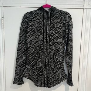 Gamboa Black and White Patterned Alpaca Wool Zip Front Hooded Sweater Sz. M